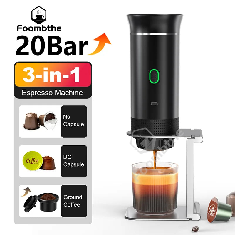Cafetière Espresso Électrique Sans Fil – Portable 3-en-1 pour Capsules et Café Moulu