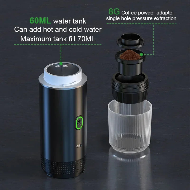 Cafetière Espresso Électrique Sans Fil – Portable 3-en-1 pour Capsules et Café Moulu