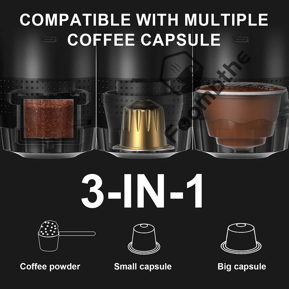 Cafetière Espresso Électrique Sans Fil – Portable 3-en-1 pour Capsules et Café Moulu